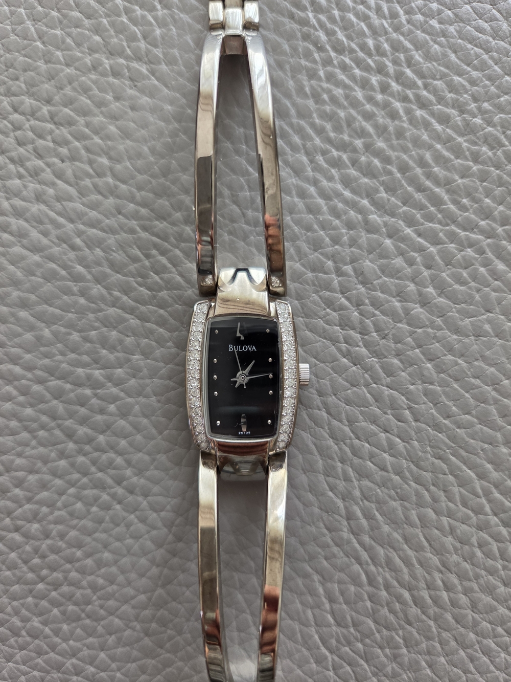 Bulova Silver-Tone Bracelet Watch with Black Dial and Crystal Accents